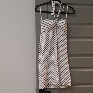 LOFT Blue and White Ruched Embellished Halter Sundress